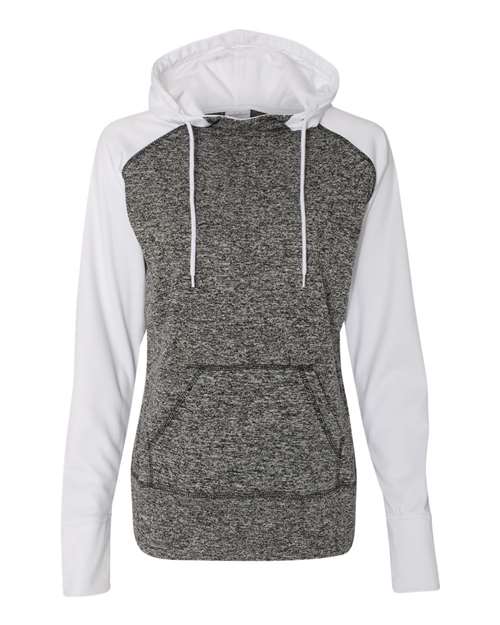 J. America 8618 Women's Colorblocked Cosmic Fleece Hooded Sweatshirt in Charcoal Fleck/ White