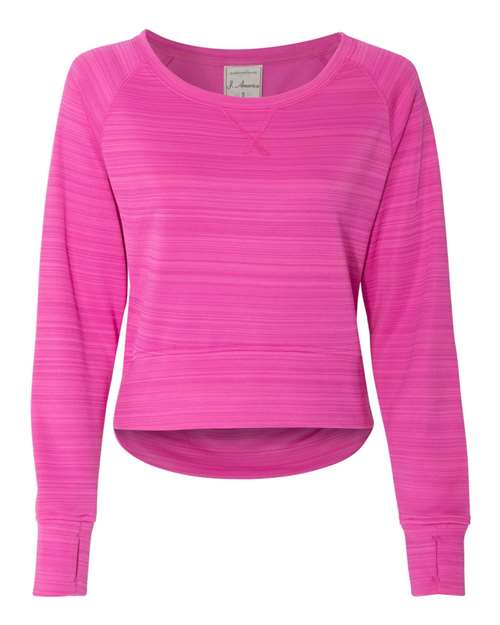 J. America 8663 Women's Odyssey Striped Performance Fleece Hi-Low Crewneck Sweatshirt in Passion Pink Stripe