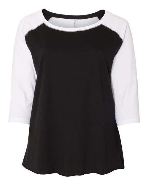 LAT 3830 Women's Curvy Collection Baseball Three-Quarter Sleeve Tee in Black/ White