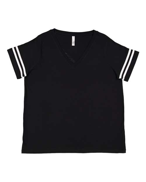 LAT 3837 Women's Curvy Collection Vintage Football Tee in Black Solid/ White