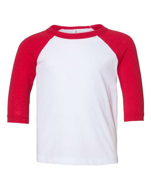 BELLA + CANVAS 3200T Toddler Three-Quarter Sleeve Baseball Tee in White/ Red