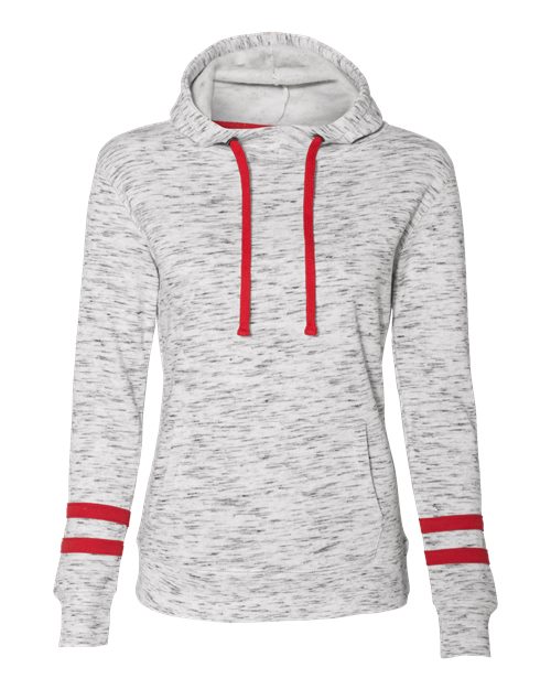 J. America 8674 Women's Mélange Fleece Striped-Sleeve Hooded Sweatshirt in White/ Red