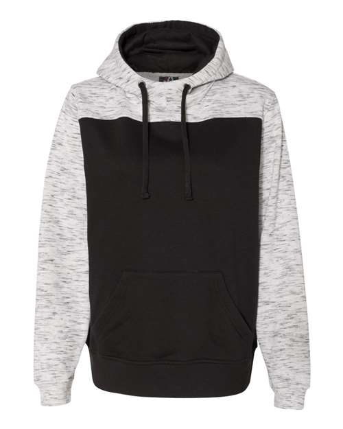 J. America 8676 Men's Mélange Fleece Colorblocked Hooded Sweatshirt in Black/ White