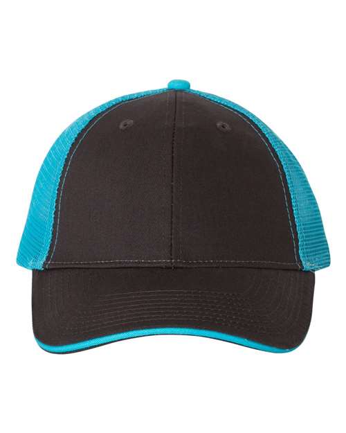 Valucap S102 Sandwich Trucker Cap in Charcoal/ Neon Blue