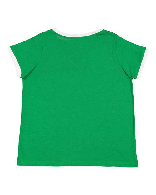LAT 3832 Women's Curvy Retro Ringer Premium Jersey V-Neck Tee in Vintage Green/ White