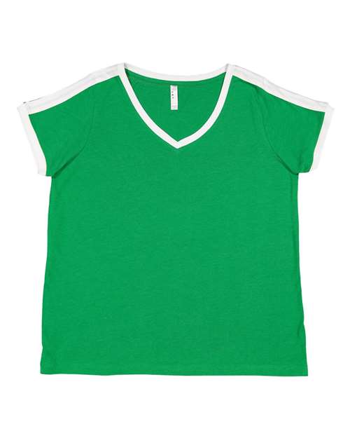 LAT 3832 Women's Curvy Retro Ringer Premium Jersey V-Neck Tee in Vintage Green/ White