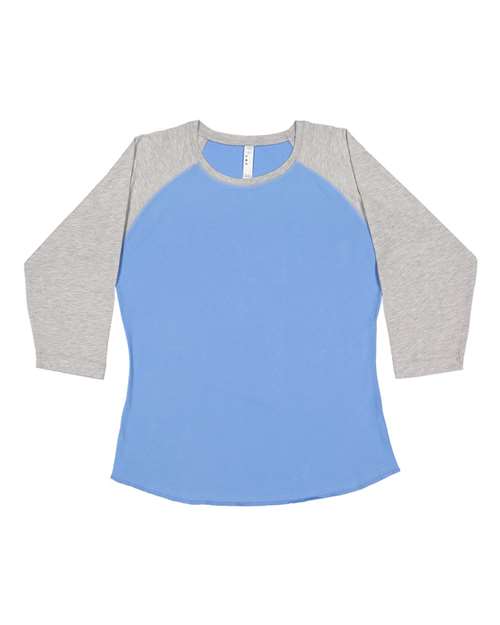 LAT 3530 Women's Baseball Fine Jersey Three-Quarter Sleeve Tee in Carolina Blue/ Vintage Heather
