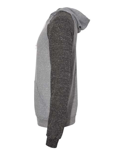 JERZEES 90MR Unisex Snow Heather French Terry Raglan Hooded Sweatshirt in Charcoal/ Black Ink
