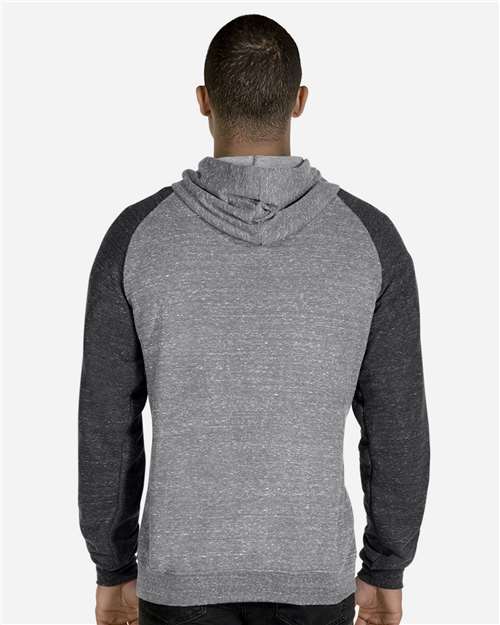 JERZEES 90MR Unisex Snow Heather French Terry Raglan Hooded Sweatshirt in Charcoal/ Black Ink