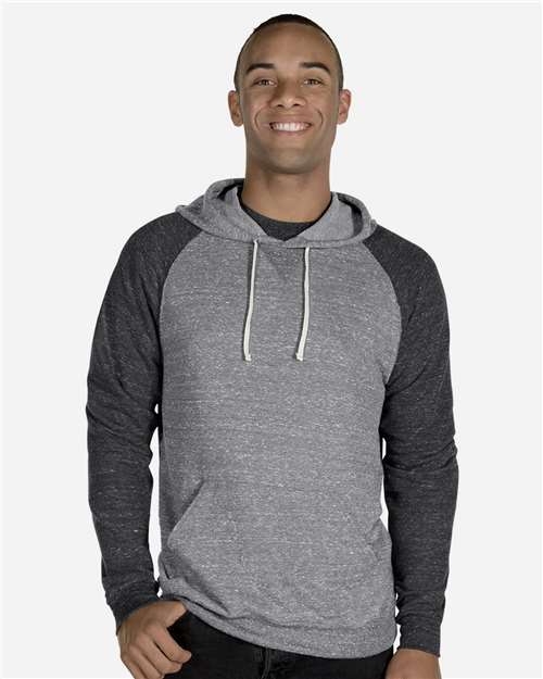 JERZEES 90MR Unisex Snow Heather French Terry Raglan Hooded Sweatshirt in Charcoal/ Black Ink