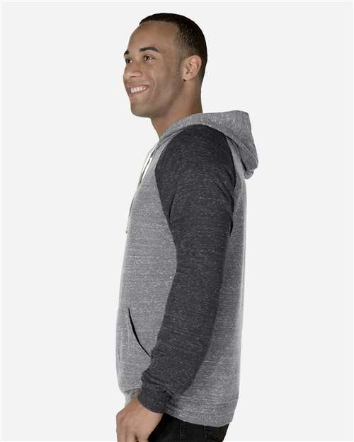 JERZEES 90MR Unisex Snow Heather French Terry Raglan Hooded Sweatshirt in Charcoal/ Black Ink