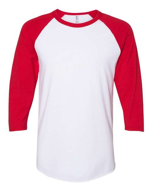 JERZEES 560RR Premium Blend Ringspun Three-Quarter Sleeve Raglan Baseball T-Shirt in White/ True Red