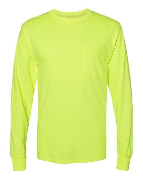 Hanes W120 Unisex Workwear Long Sleeve Pocket T-Shirt in Safety Green
