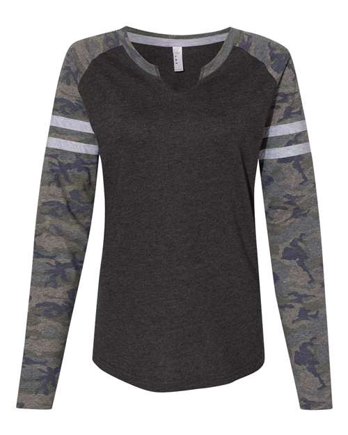 LAT 3534 Women's Fine Jersey Mash Up Long Sleeve T-Shirt in Vintage Smoke/ Vintage Camo
