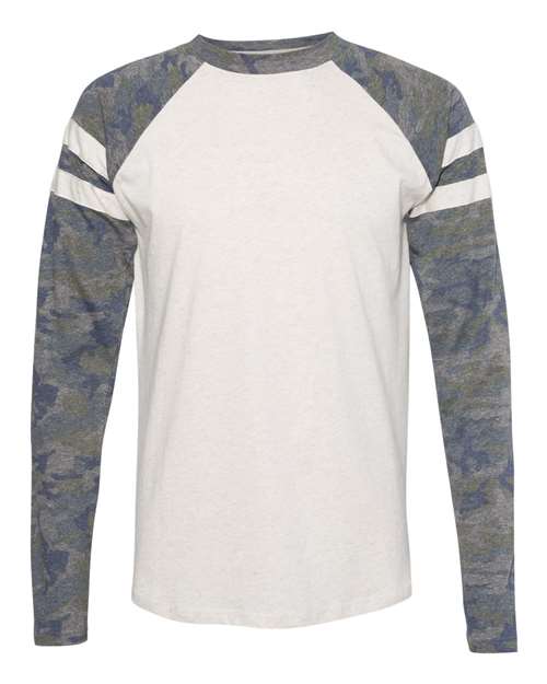 LAT 6934 Unisex Fine Jersey Mash Up Long Sleeve Tee in Natural Heather/ Vintage Camo/ Natural Heather