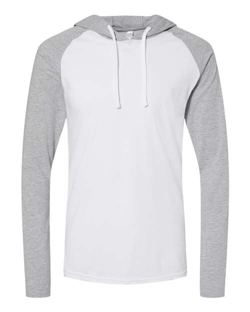 LAT 6917 Unisex Fine Jersey Hooded Long Sleeve Raglan Tee in Blended White/ Vintage Heather/ White