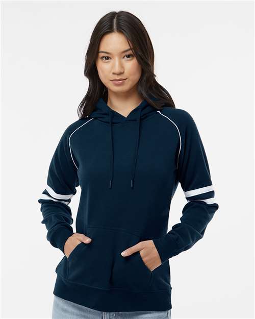 J. America 8645 Women's Varsity Fleece Piped Hooded Sweatshirt in Navy