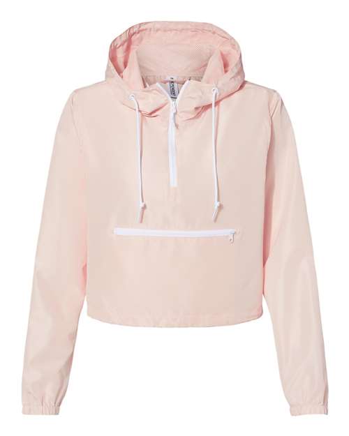 Independent Trading Co. EXP64CRP Women's Lightweight Quarter-Zip Pullover Crop Windbreaker in Blush/ White Zipper