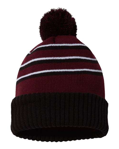 Richardson 134 Pom Cuffed Beanie in Maroon/ Black/ White