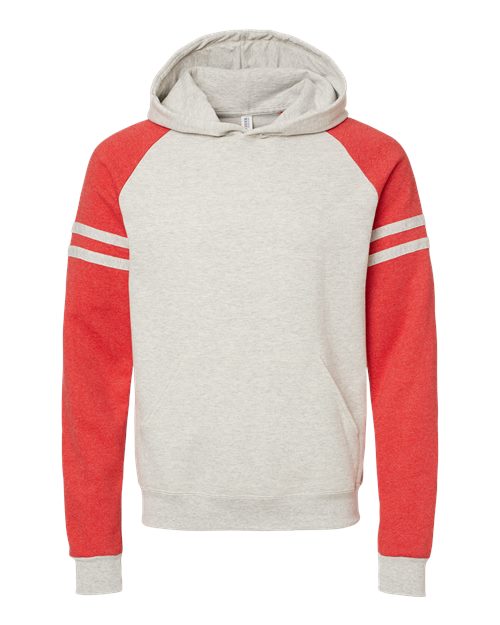 JERZEES 97CR Unisex Nublend Varsity Colorblocked Raglan Hooded Sweatshirt in Oatmeal Heather/ Fiery Red Heather