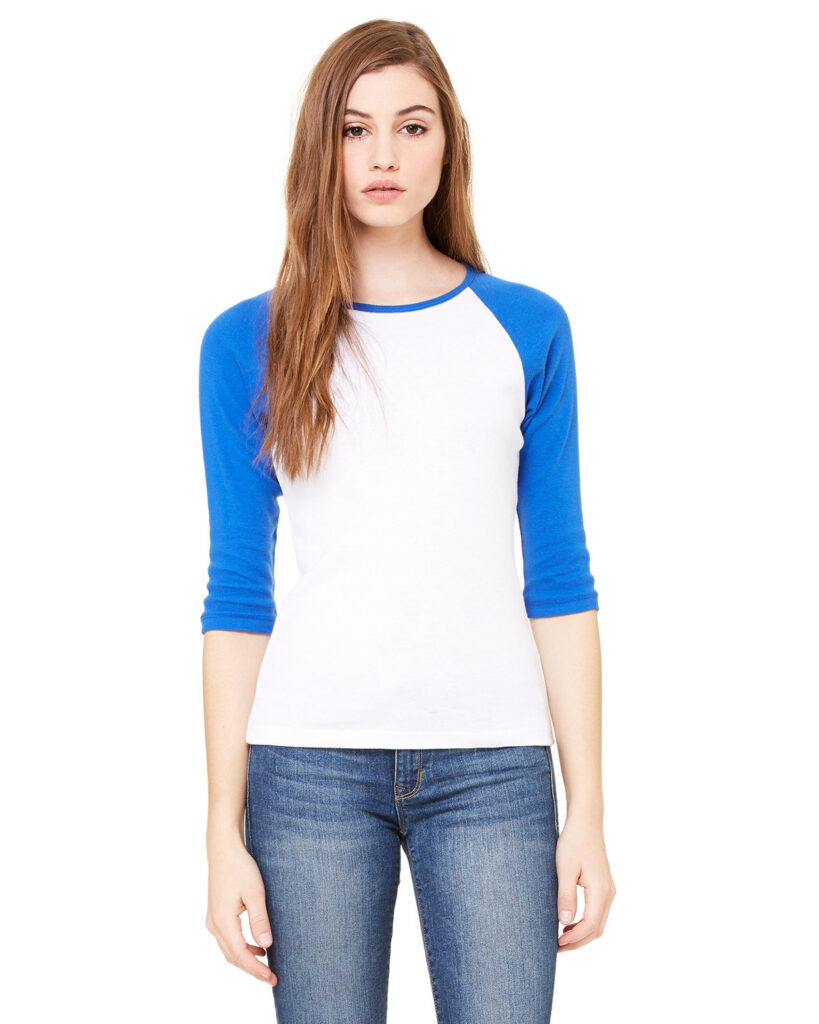 BELLA + CANVAS 2000 Women's 1X1 Baby Rib Raglan Three-Quarter Sleeve Tee in White/ True Royal